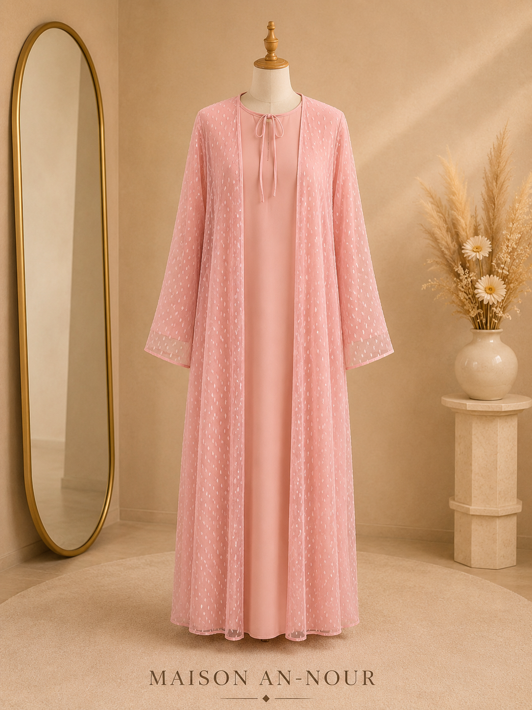 Abaya Femme 2 Pièces Rose Poudré Élégante et Fluide