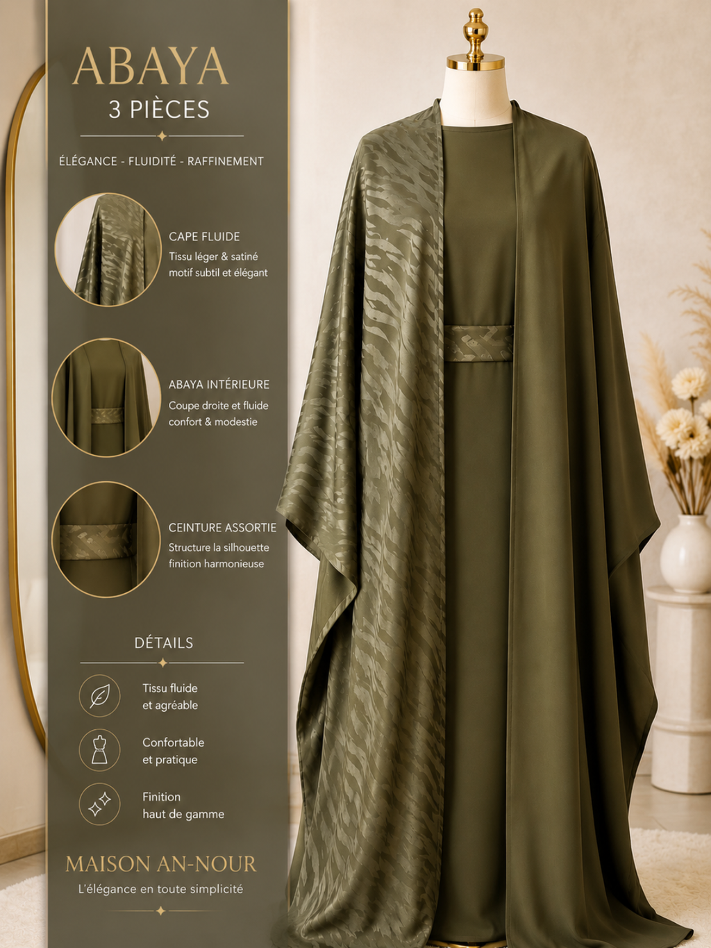 Abaya Dubai 3 Pièces Satinée – Style Emirati Luxe Oriental