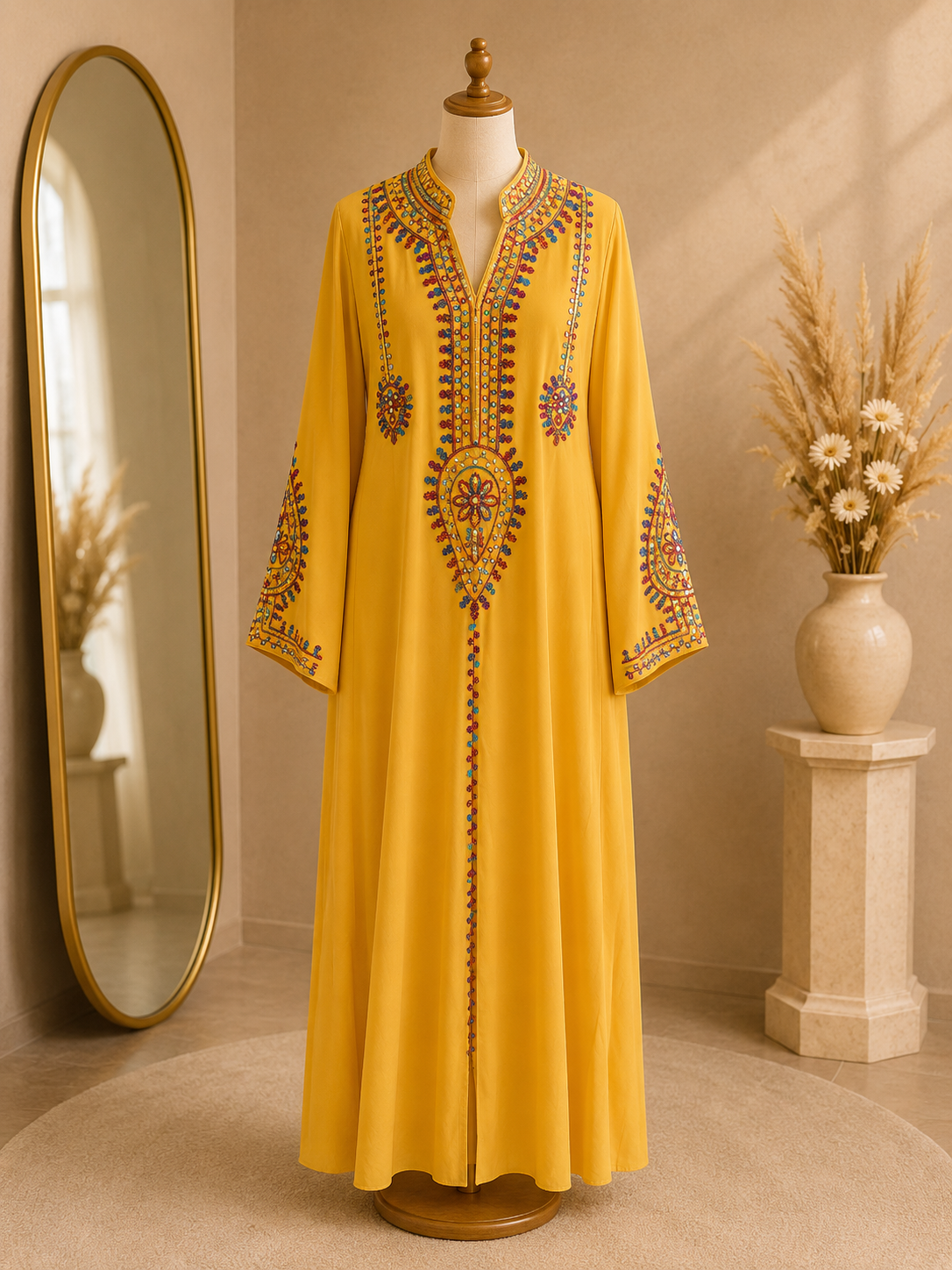 Caftan Marocain Brodé Femme Jaune Safran