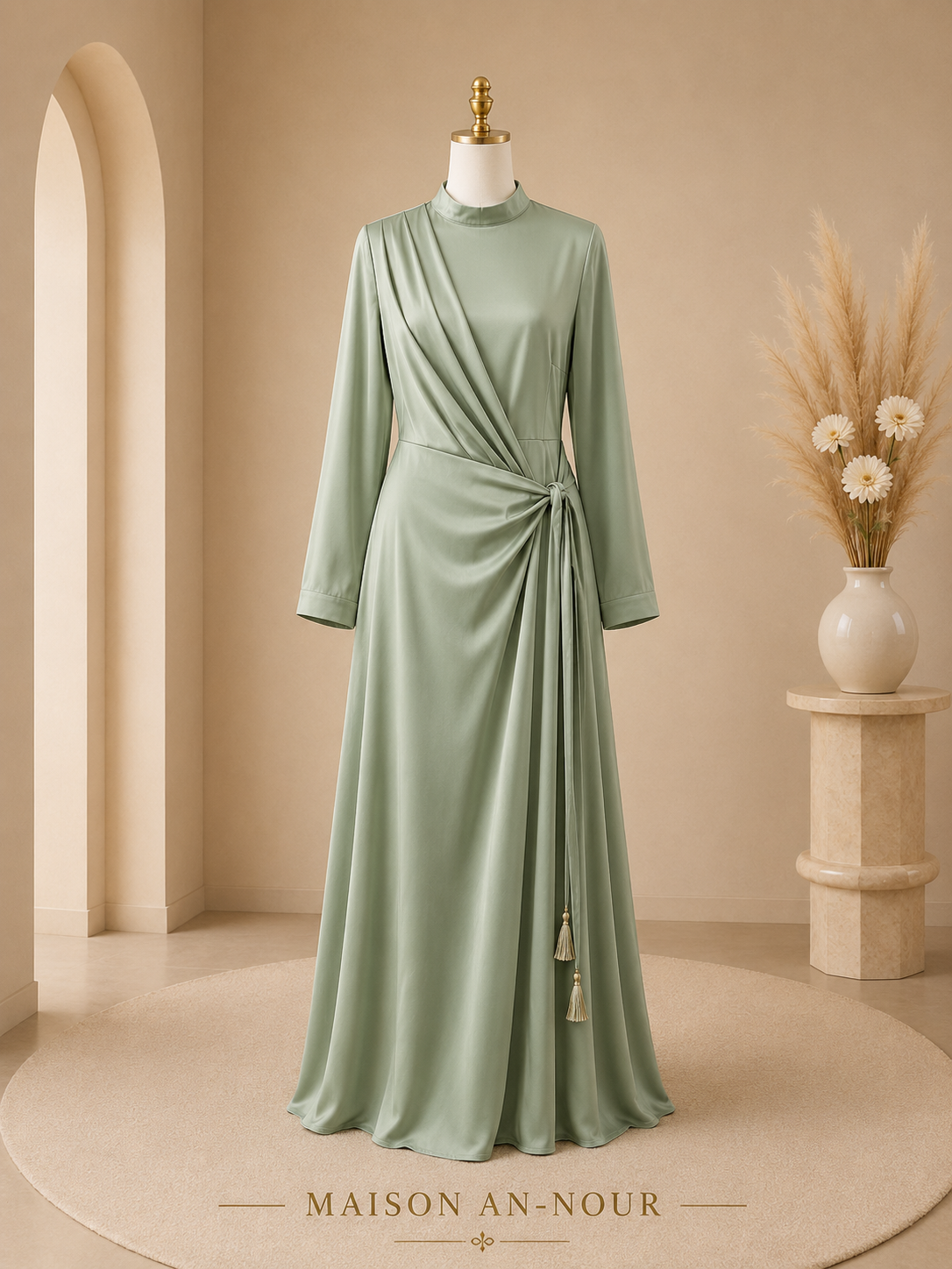 Robe Longue Femme Satinée Vert Sauge