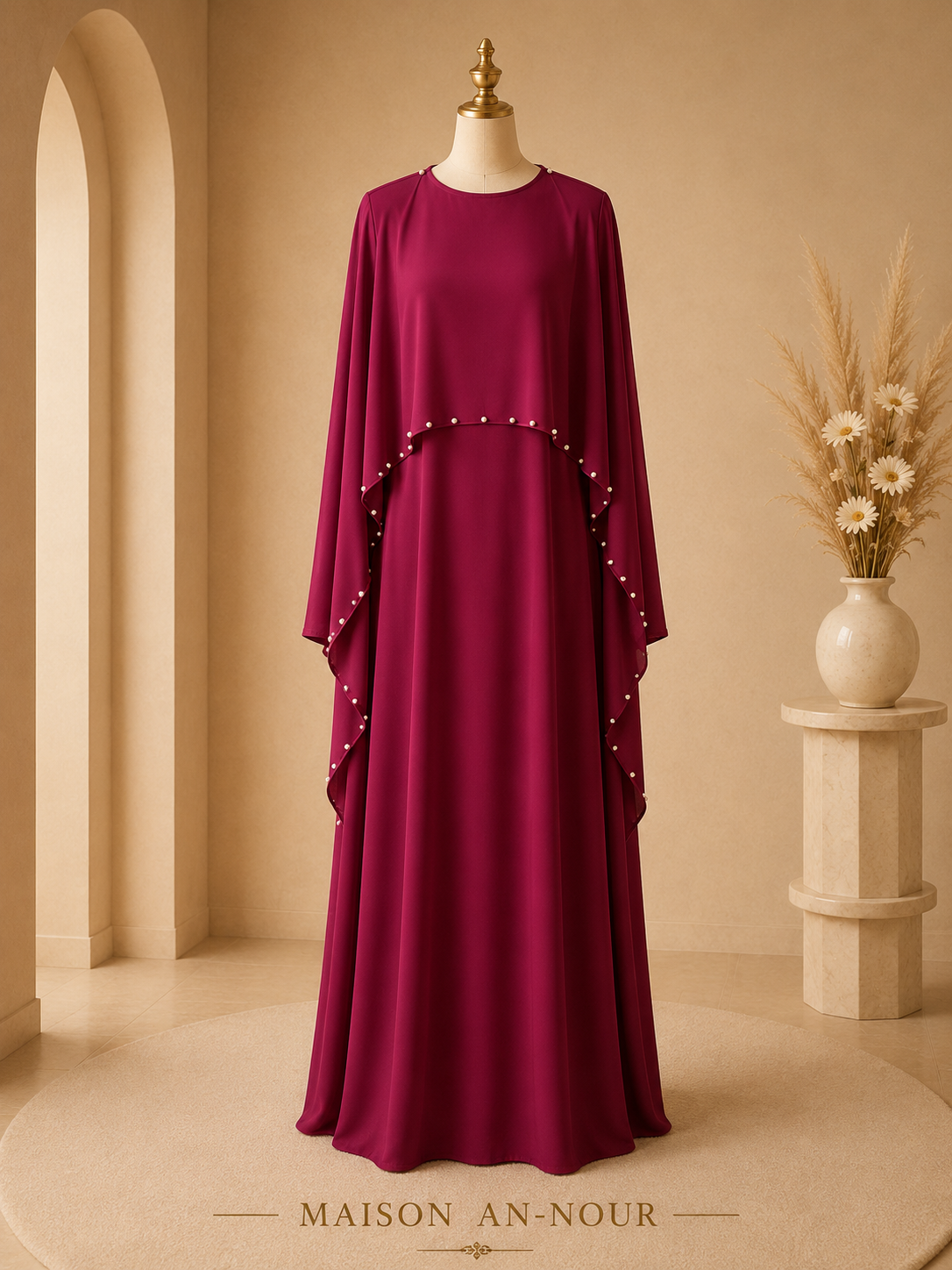 Robe Longue Cape Perles Élégance