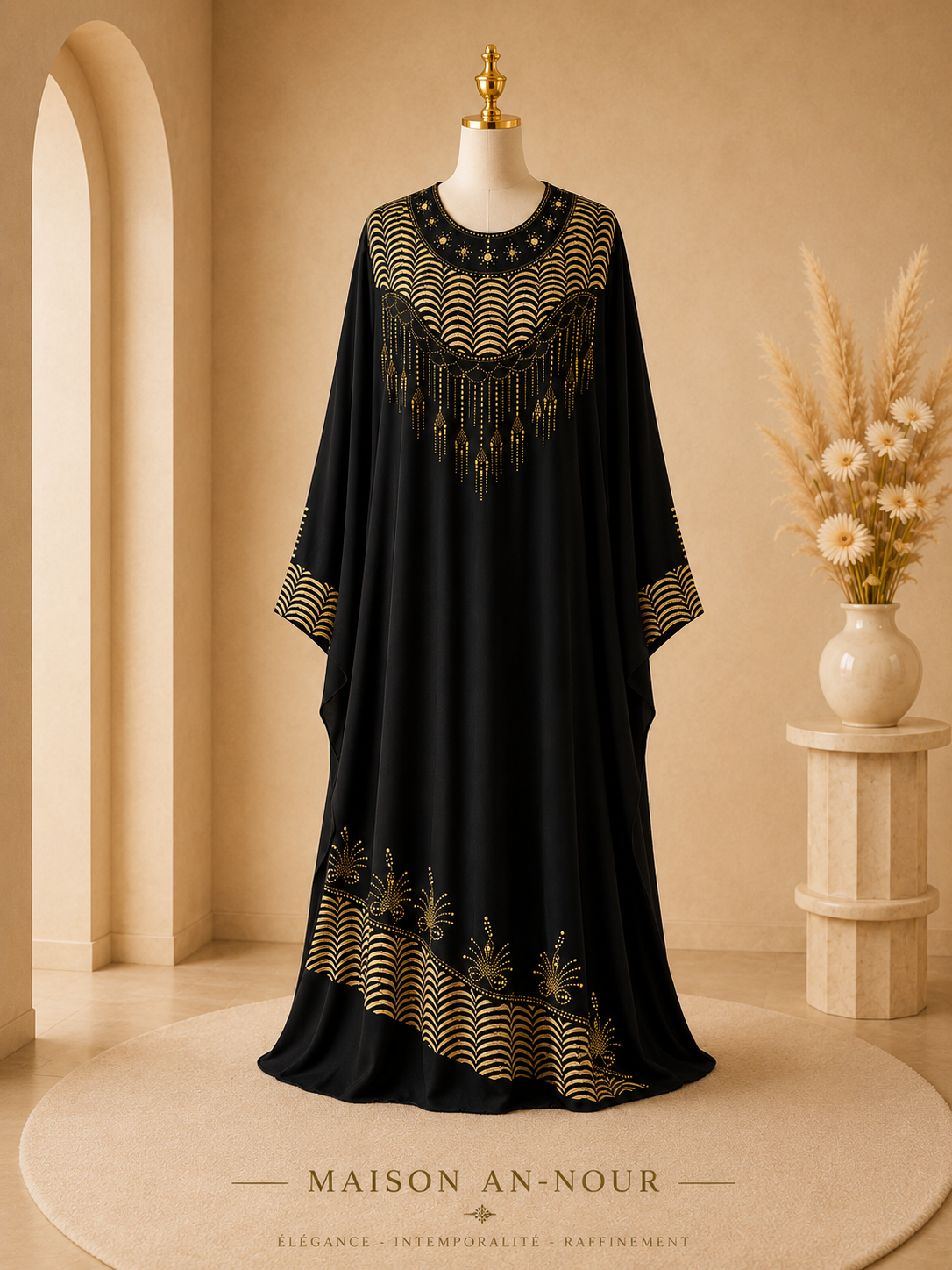 Abaya Papillon Noire Brodée Or Femme