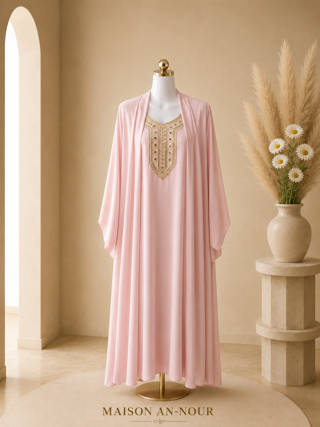 Djelaba Femme Rose Poudré avec Kimono Fluide – Taille Unique