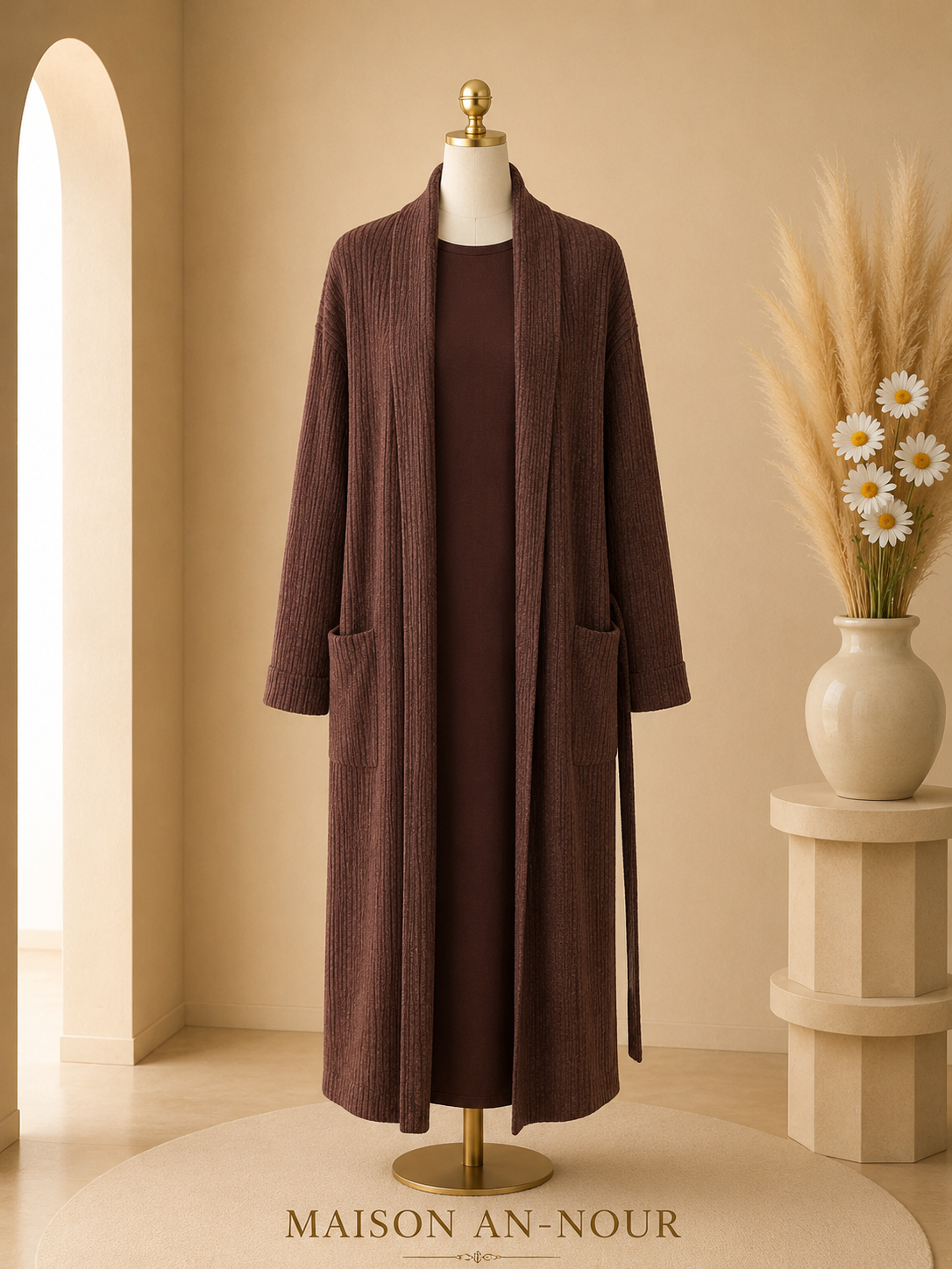 Ensemble Femme Robe Longue et Gilet Maille Marron