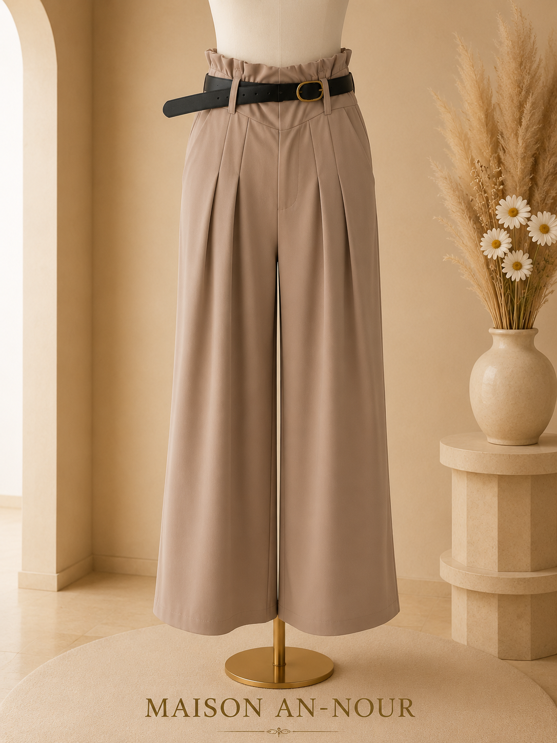 Pantalon Palazzo Femme Beige Taille Haute avec Ceinture