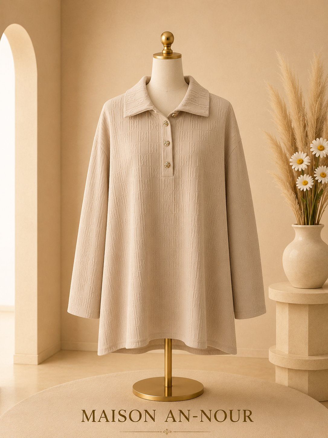 Pull Femme Beige Col Polo Texturé Oversize – Taille Unique