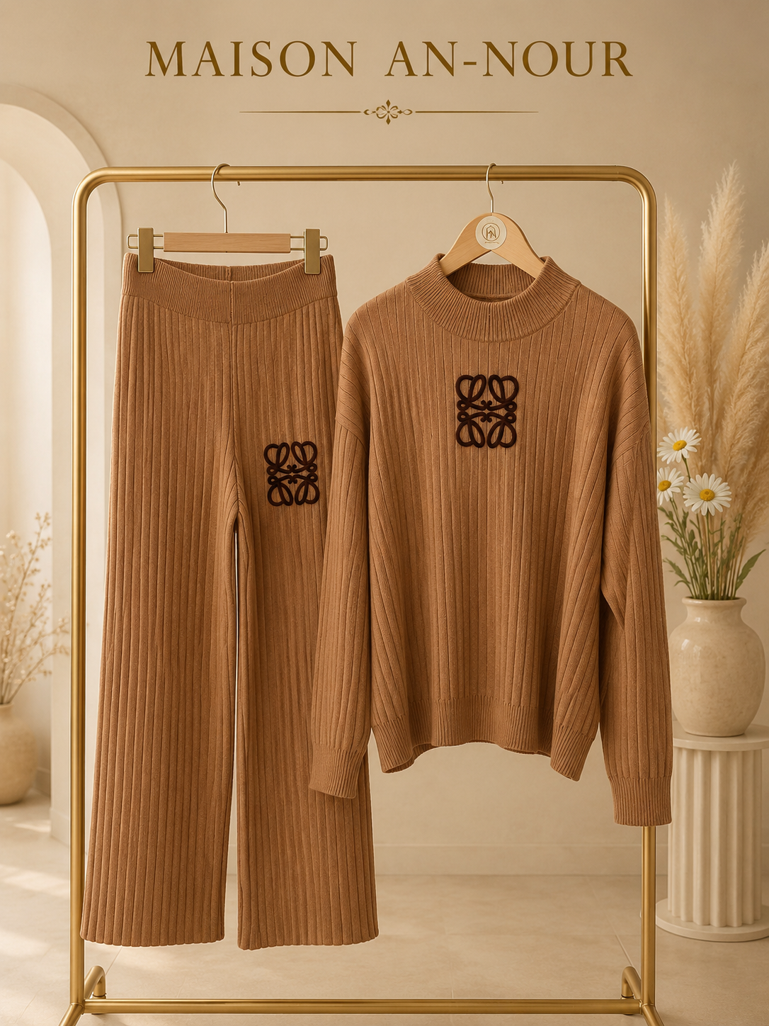 Ensemble Femme Maille Côtelée Camel – Pull Col Montant & Pantalon – Taille Unique