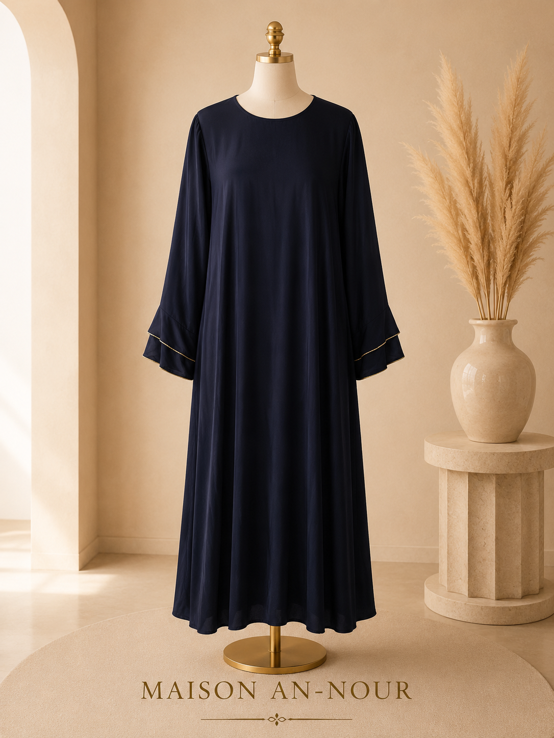 Robe Longue Fluide Femme Bleu Marine – Manches Évasées – Taille Unique