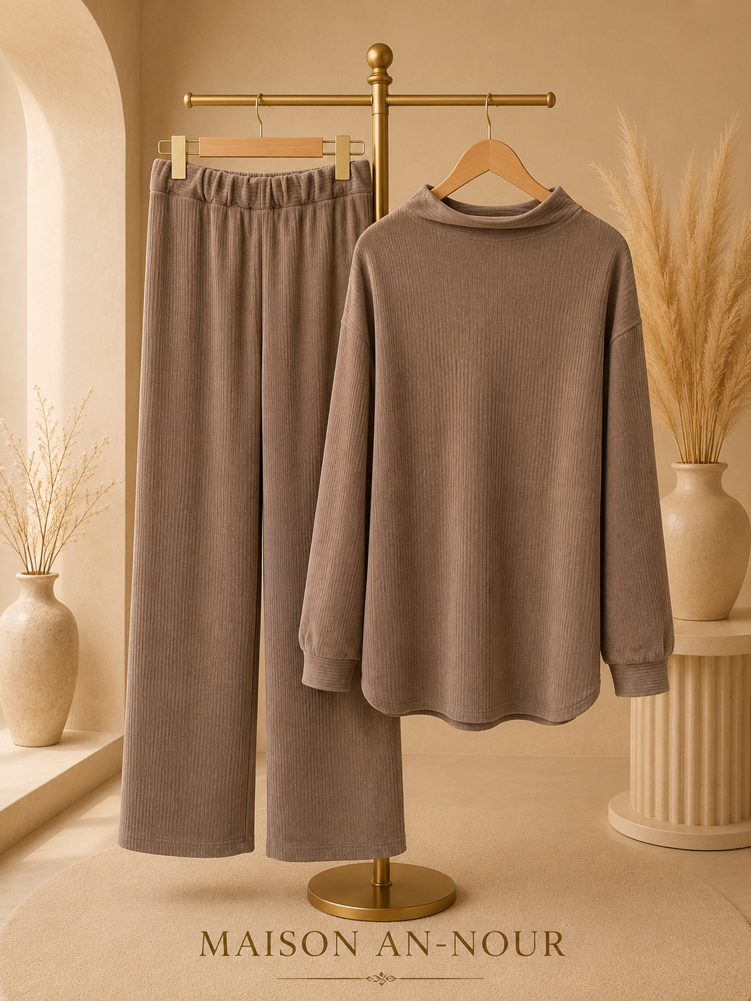 Ensemble Femme Maille Côtelée Taupe – Haut & Pantalon – Taille Unique