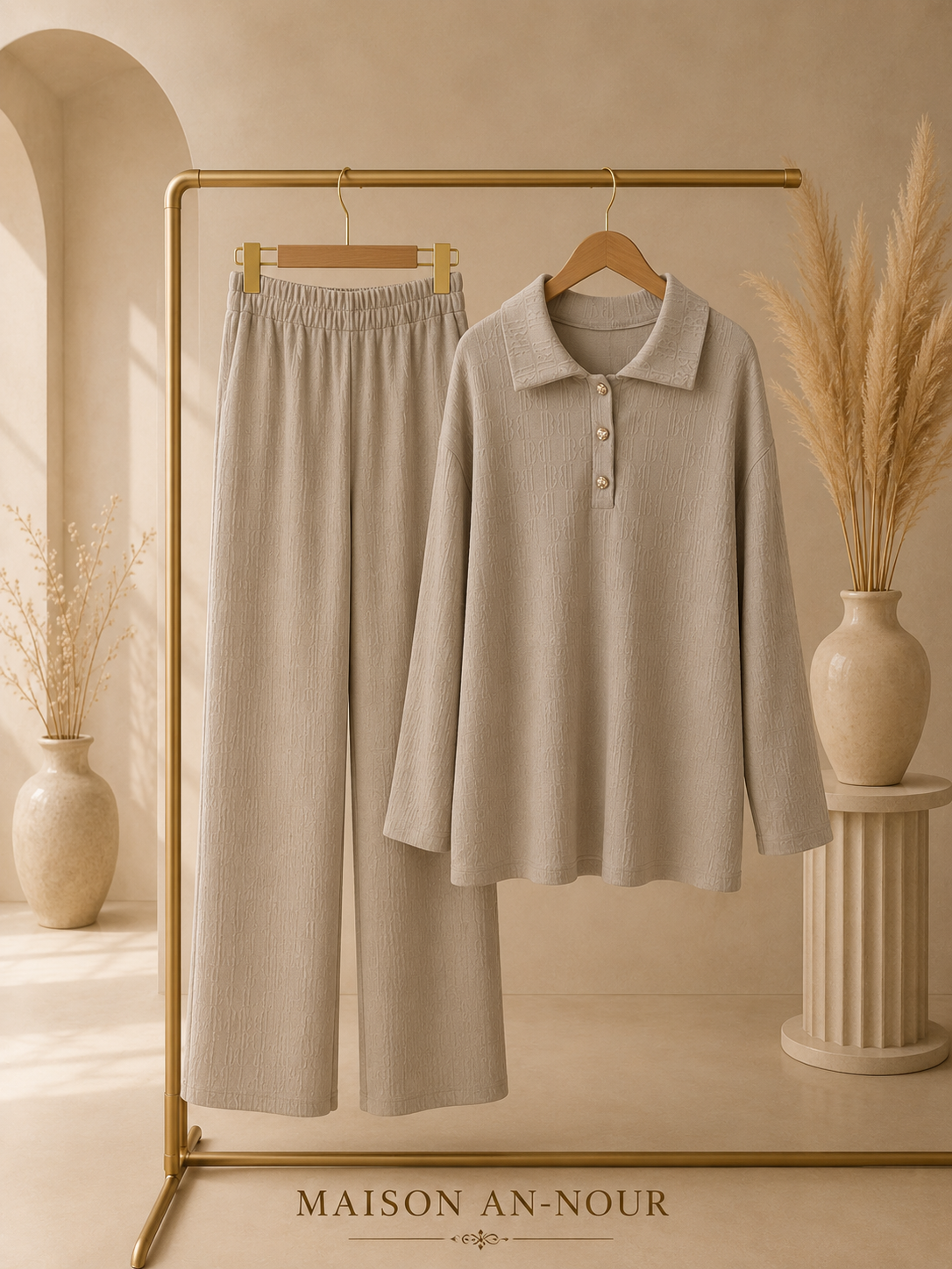 Ensemble Femme Beige Texturé – Haut Col Polo & Pantalon Fluide – Taille Unique
