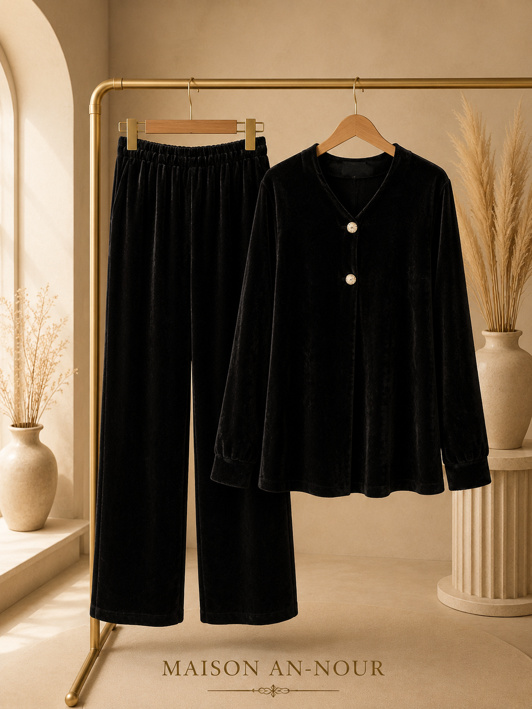 Ensemble Femme Velours Noir – Haut Col V & Pantalon Fluide