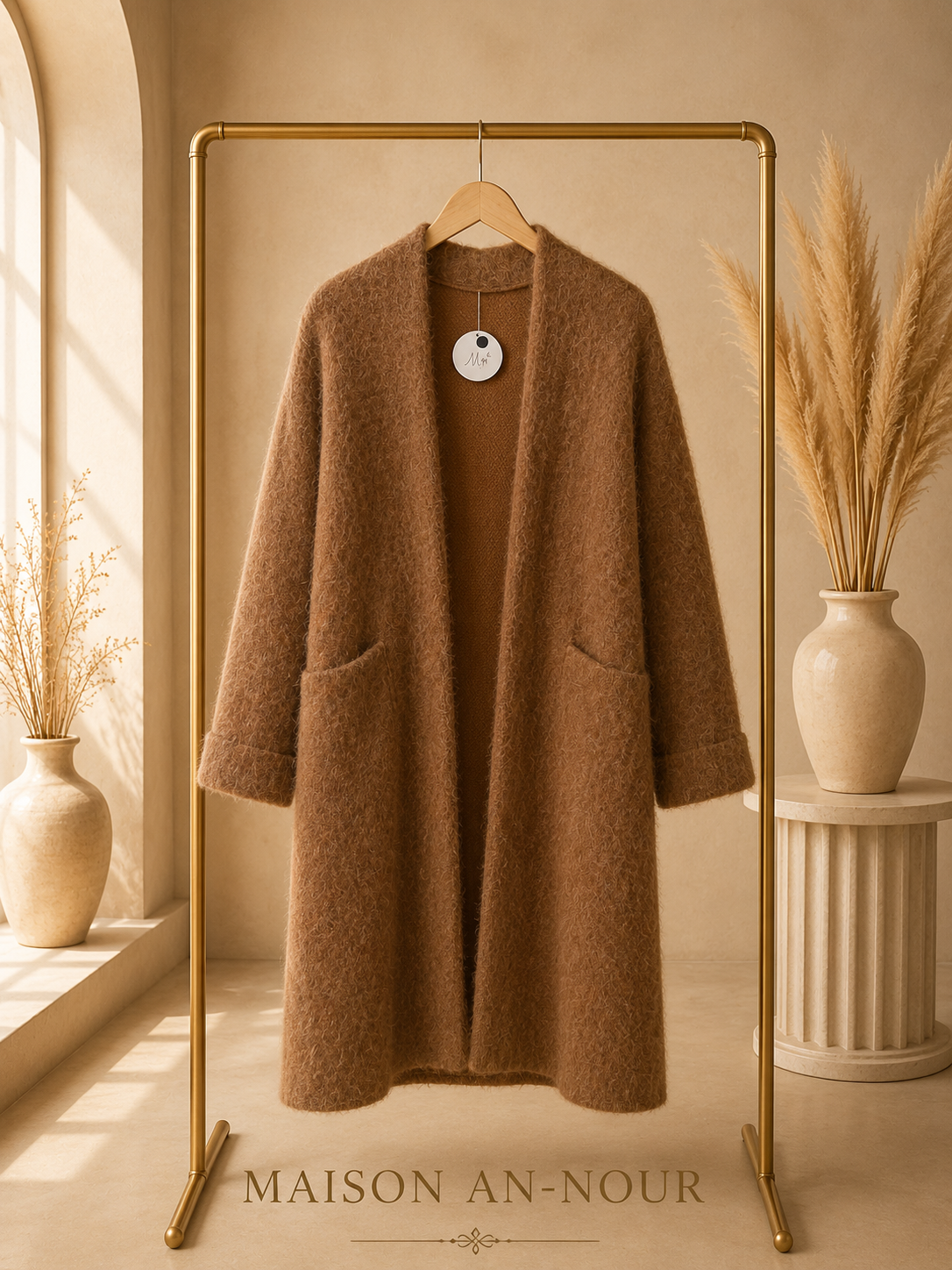 Gilet Long Femme Maille Douce Camel – Cardigan Oversize – Taille Unique