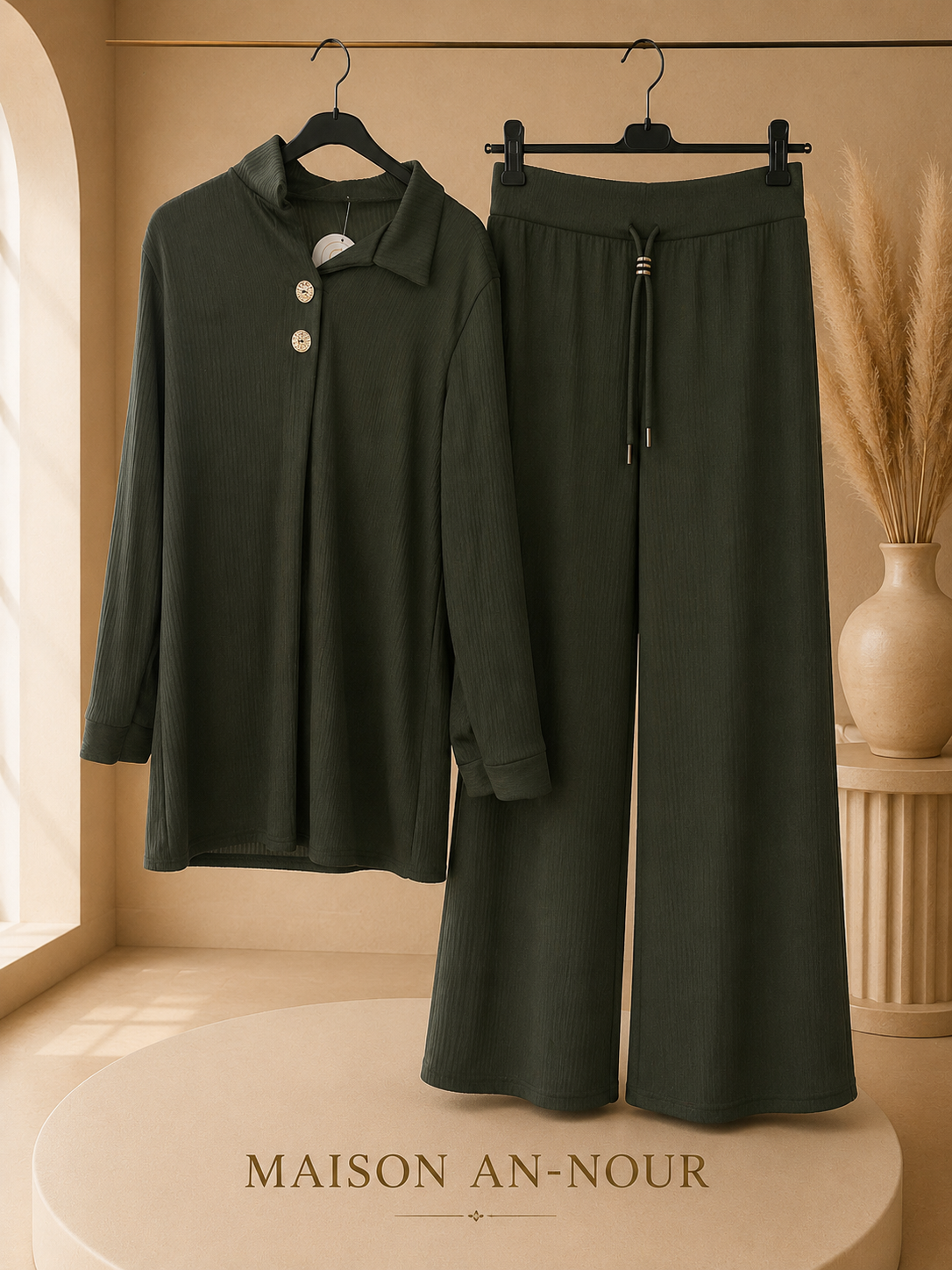 Ensemble Femme Vert Sapin – Haut Col Polo & Pantalon Palazzo