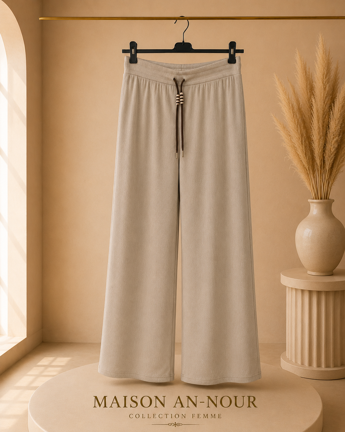Pantalon Palazzo Femme Beige – Taille Élastique