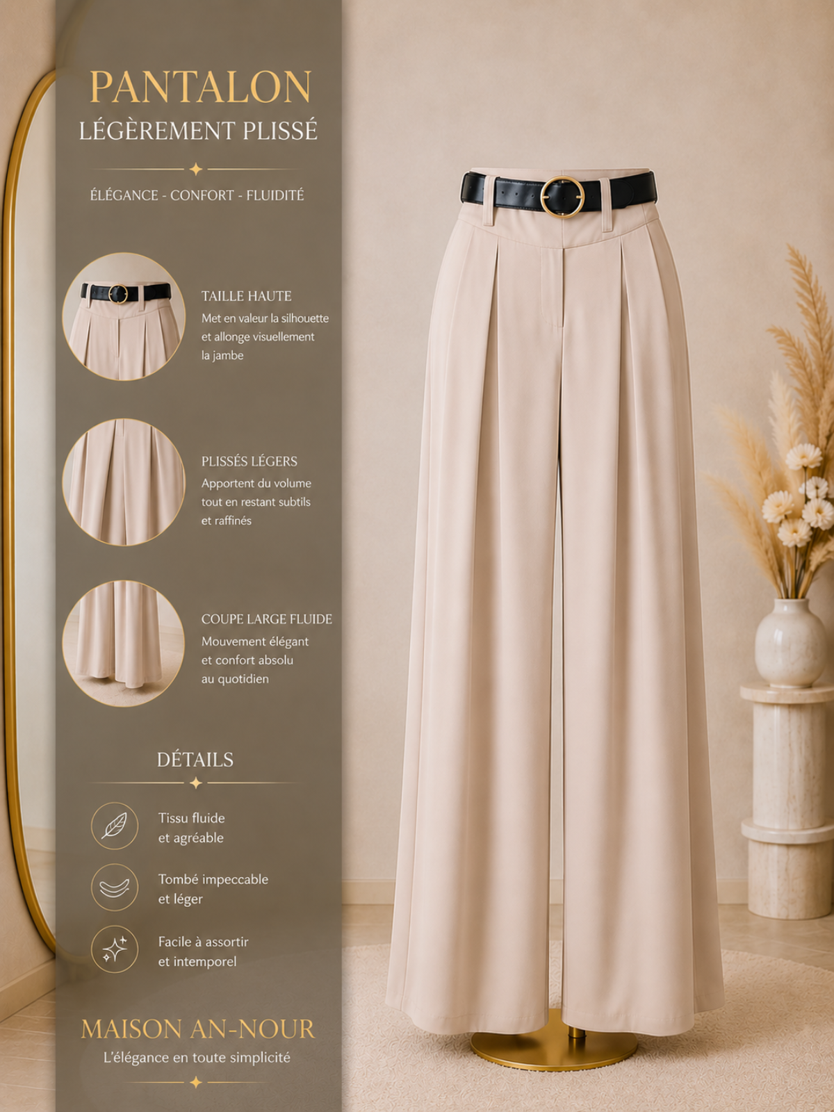Pantalon Femme Large Taille Haute Plissé – Coupe Fluide Élégante et Confortable